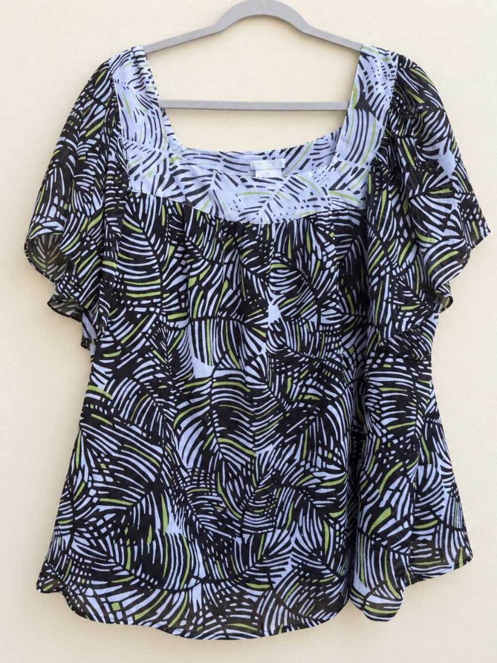 Worthington Woman 3X Abstract Leaf Print Flutter Sleeve Blouse Black Blue Green